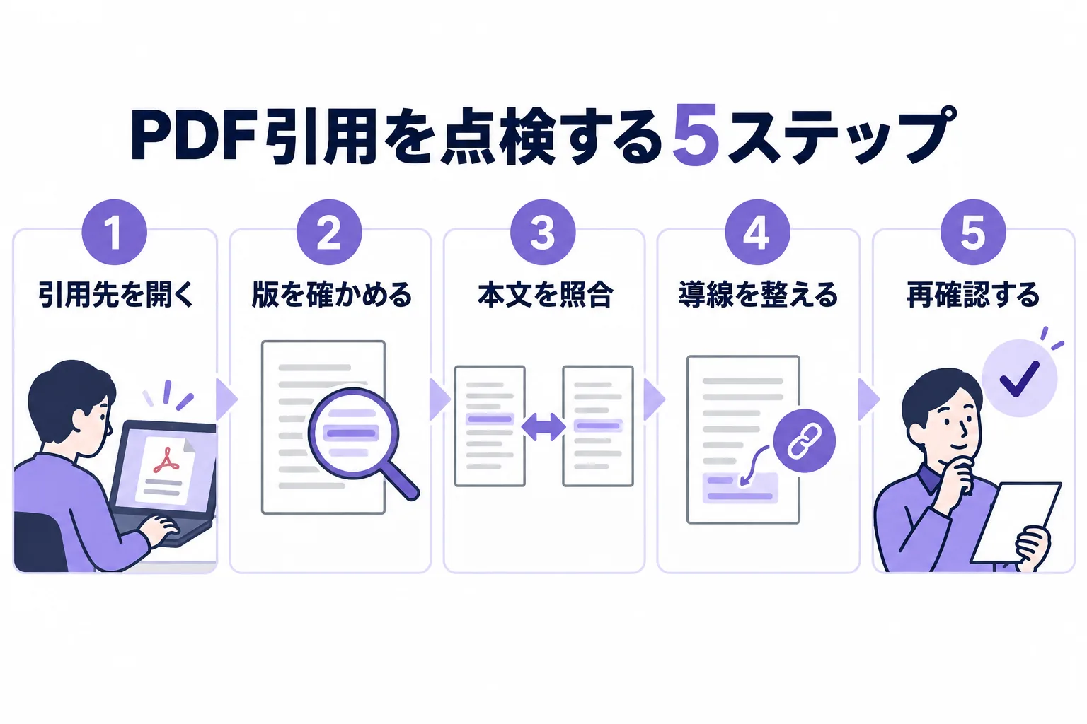 引用先を開く、版を確かめる、本文を照合、導線を整える、再確認するの5ステップ。