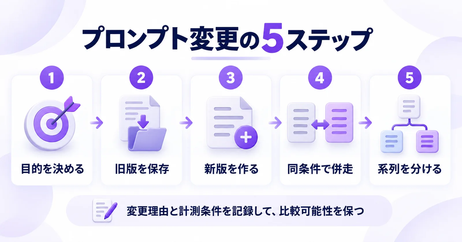 プロンプト変更の5ステップ。目的を決める、旧版を保存、新版を作る、同条件で併走、系列を分ける。